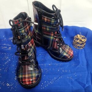 Giani Bini Toddler Plaid Combat Boots With Rhinestone Detail,  Size 8, Brand-new